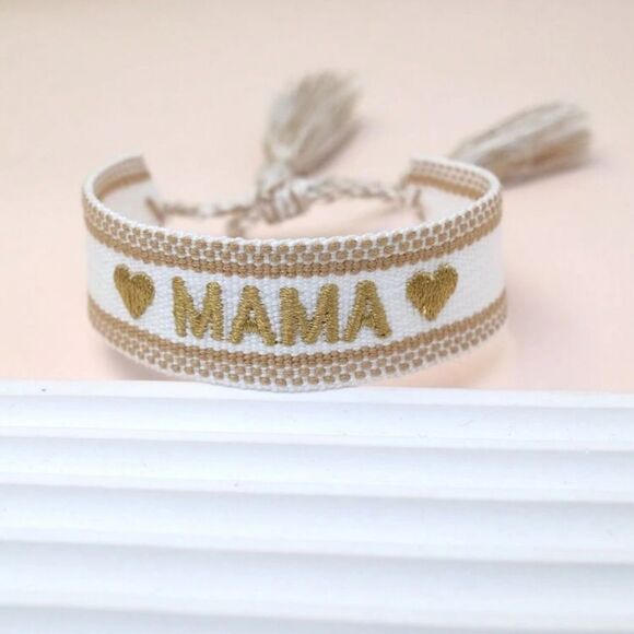 1pc Embroidered Mama Heart Design Bohemian Tassel Woven Bracelet - Picture 1 of 3